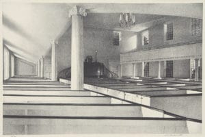 Lithograph on wove paper depicting interior of the First Congregational Church of Litchfield, Connecticut. Visible are church pews, windows, columns, light fixtures, and the pulpit.