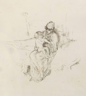 Lithograph print on cream paper of mother holding a child on her lap. Mother's head is wrapped in a scarf and baby seems to be nude. Background is obscured.