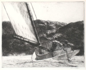 Photo of black and white etching, featuring figures on a sail boat as they watch a wave approaching.
