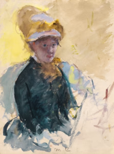 Self-portrait oil painting by artist Mary Cassatt, depicting her seated wearing a bonnet.