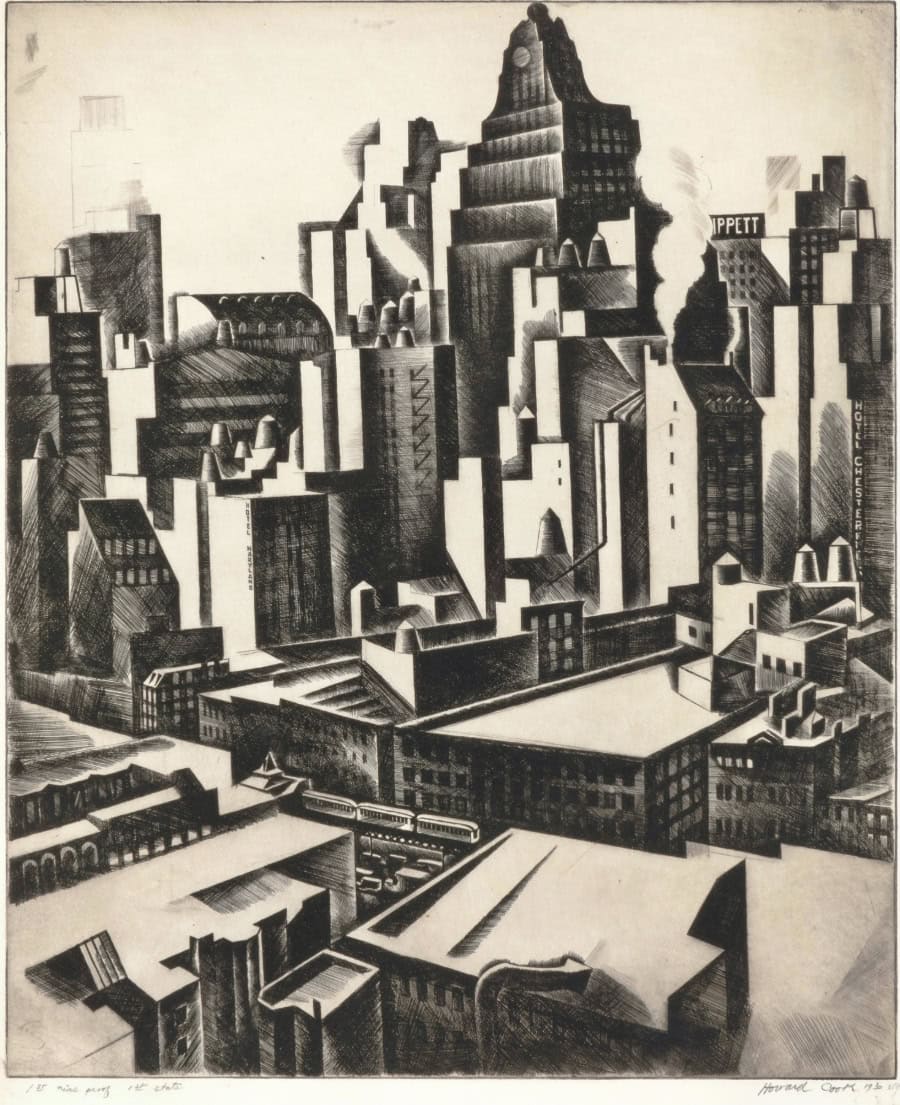 Image of print by Howard Cook entitled "Times Square Sector." Image depicts the buildings of Manhattan at the intersection of Times Square.