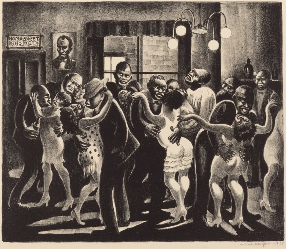 Image of lithograph by artist Mabel Dwight, depicting human figures dancing in an apartment with overhead light and a portrait hung on the wall. A window is in the background. Figures are male and female dancing together.