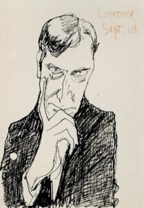 Self-portrait drawing by Lyonel Feininger, featuring the artist from waist-up with his finger resting on the side of his face. He wears a dark jacket with his hair parted to the side. He looks directly at the viewer sternly.