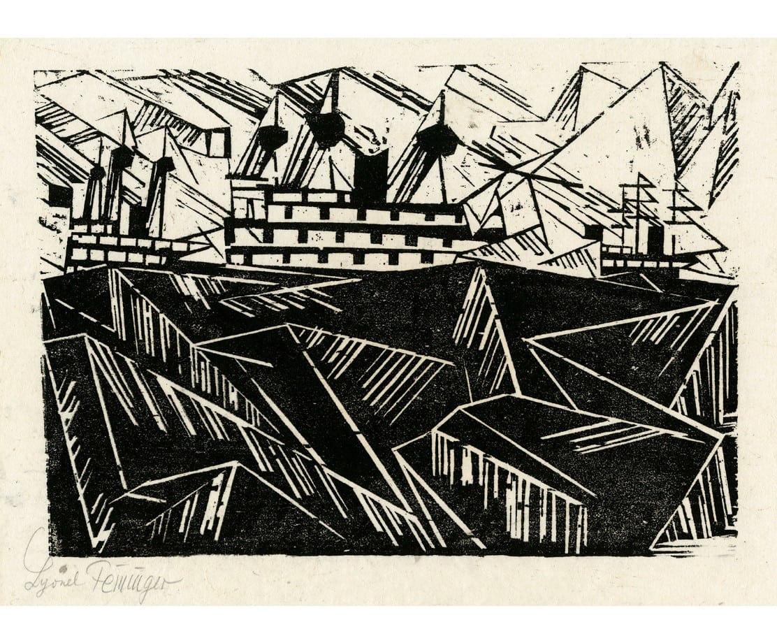 Photograph of woodcut printed in black and brown of a warship. Artist created this in expressionist style and was a student of the Bauhaus movement.