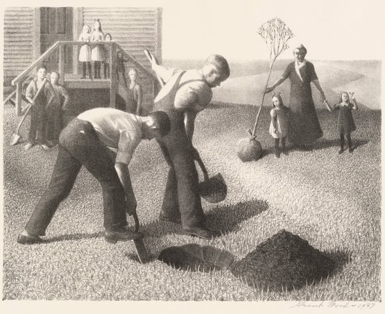 Image of a lithograph by artist Grant Wood titled "Tree Planting" or "Tree Planting Group." The image shows two boys digging a hole while a woman stands beside two young children with a tree ready to be planted in the freshly-dug hole. Other figures are shown watching in the background too, holding tools or standing by a railing watching the work being done.