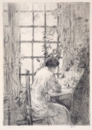 Childe Hassam, "The Writing Desk", 1915 and original signed, titled and dated print of Hassam's wife at Cos Cob
