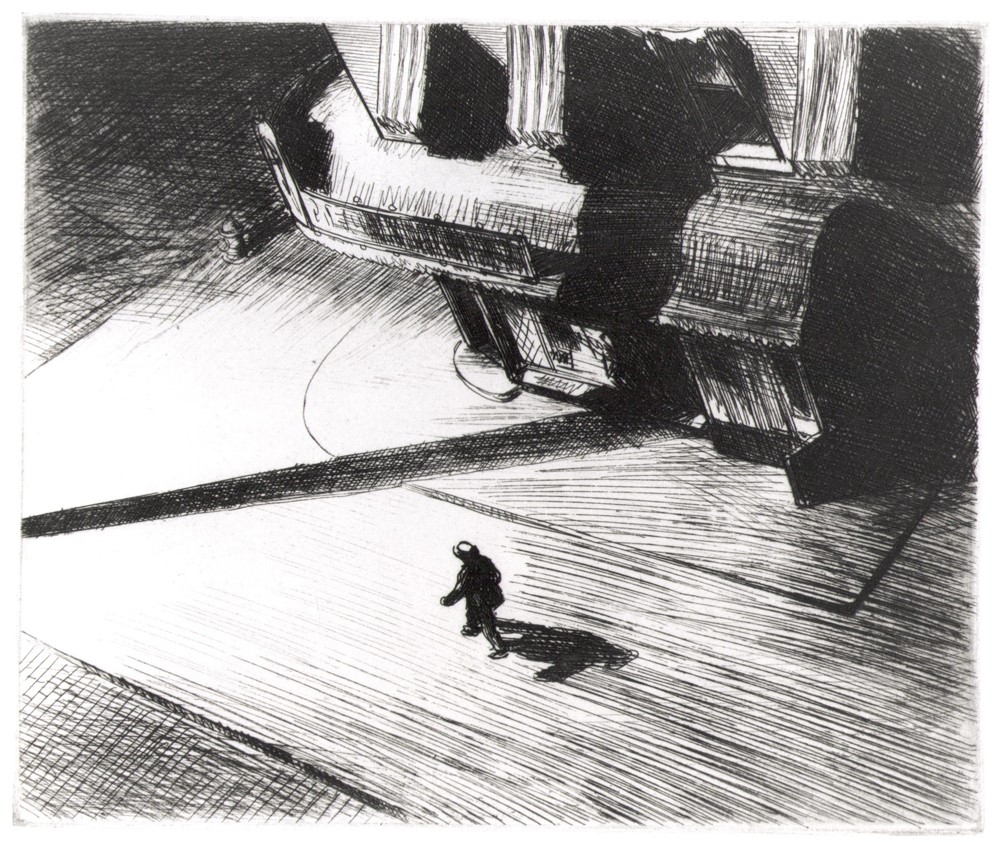 Image of original etching by Edward Hopper, called Night Shadows. Made in 1921, this black and white image features a man walking with visible shadow.
