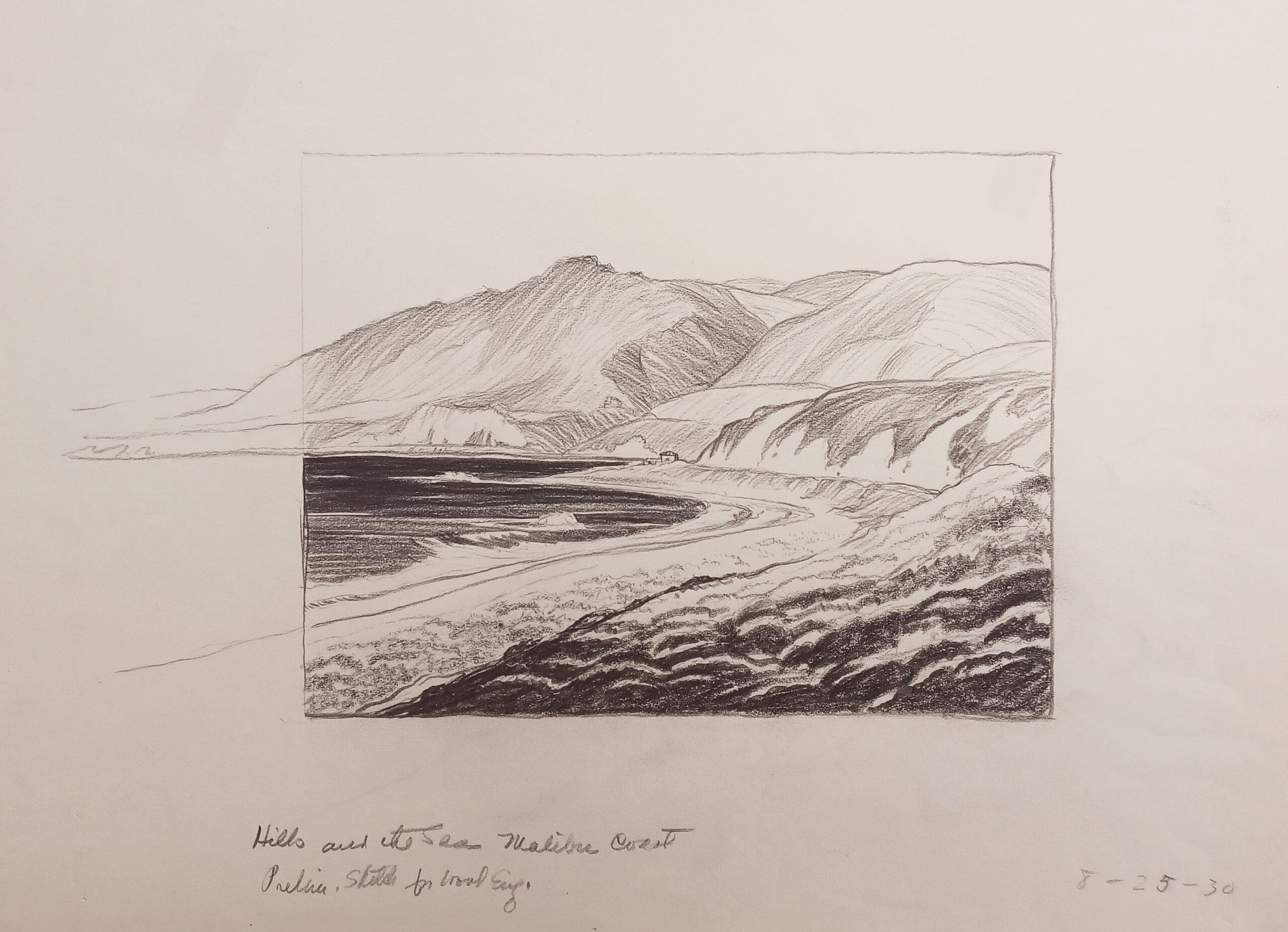 Hills and the Sea, Malibu Coast, charcoal drawing