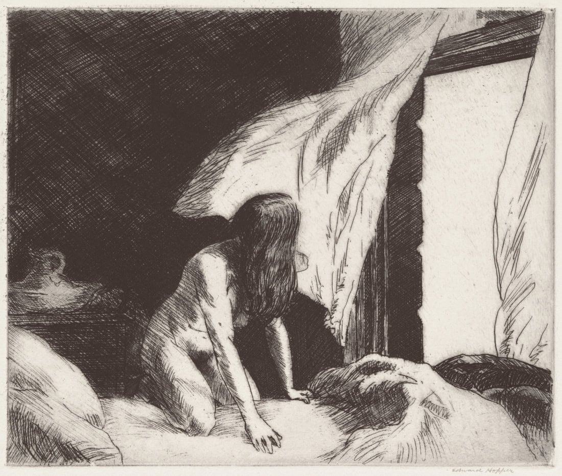 Image of an etching by artist Edward Hopper, depicting the side of the figure of a nude woman knelt on the bed before an open window with white curtain blowing in.