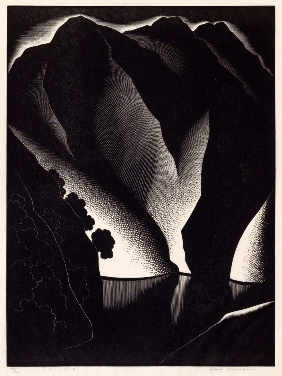 Image of wood engraving by Paul Landacre, which is entitled Tuonela. Image includes artist signature, title and numbered print.