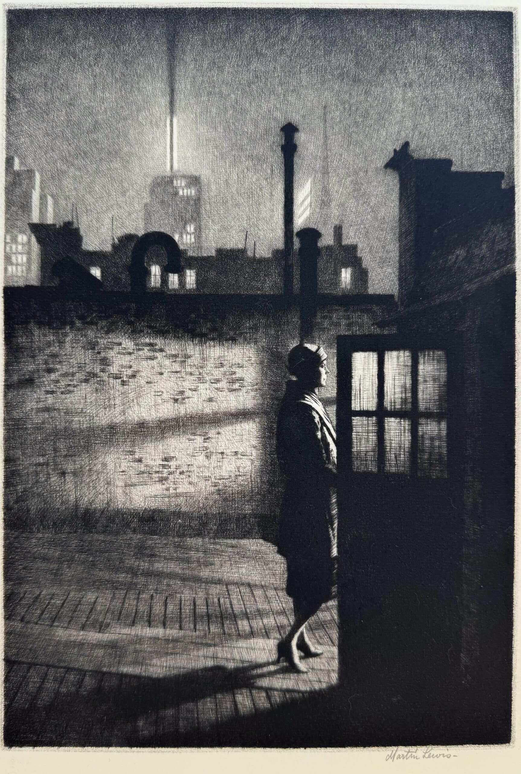 Photo of a drypoint by Martin Lewis, illustrating a woman outside a penthouse.