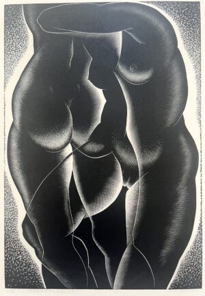 Image of wood engraving by artist Paul Landacre depicting 2 intertwined nude figures. Visible are buttocks and breast.