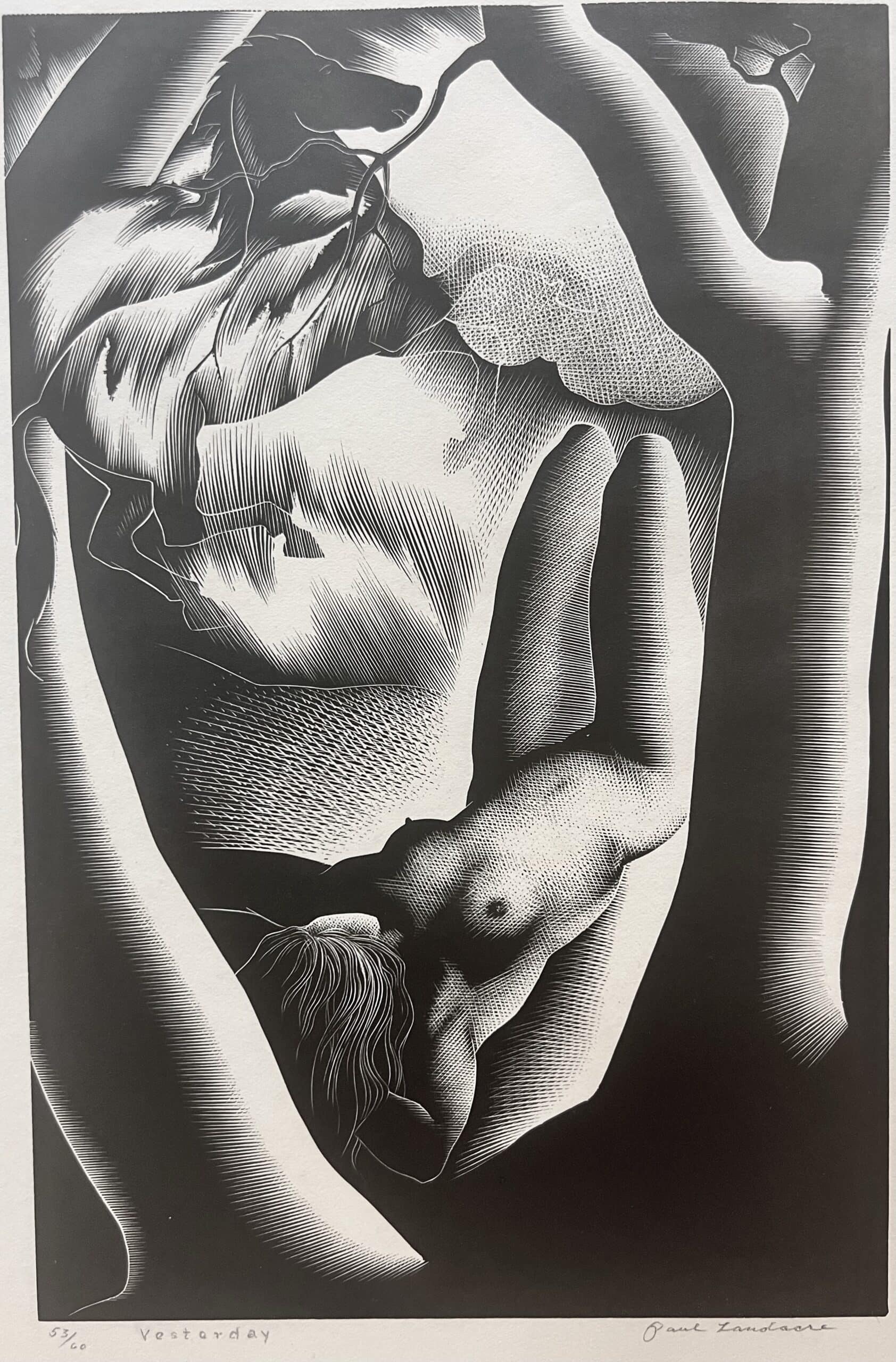Image of Paul Landacre's wood engraving titled "Yesterday," which depicts a nude female and a horse.