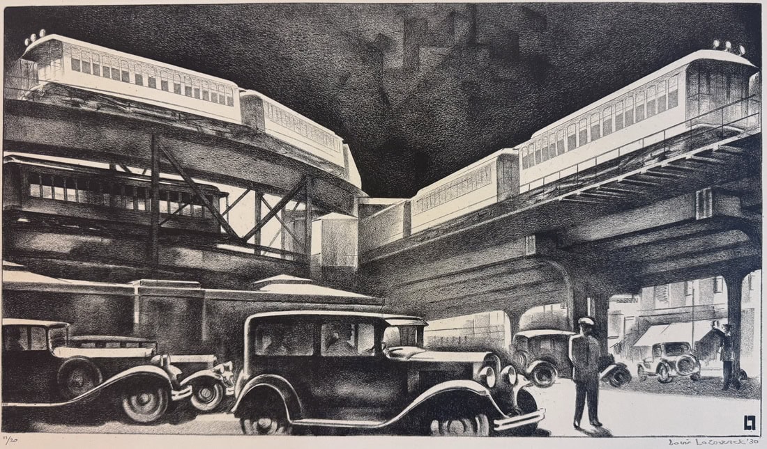 Image of lithograph by Louis Lozowick depicting vehicles in traffic beneath commuter trains in New York City.