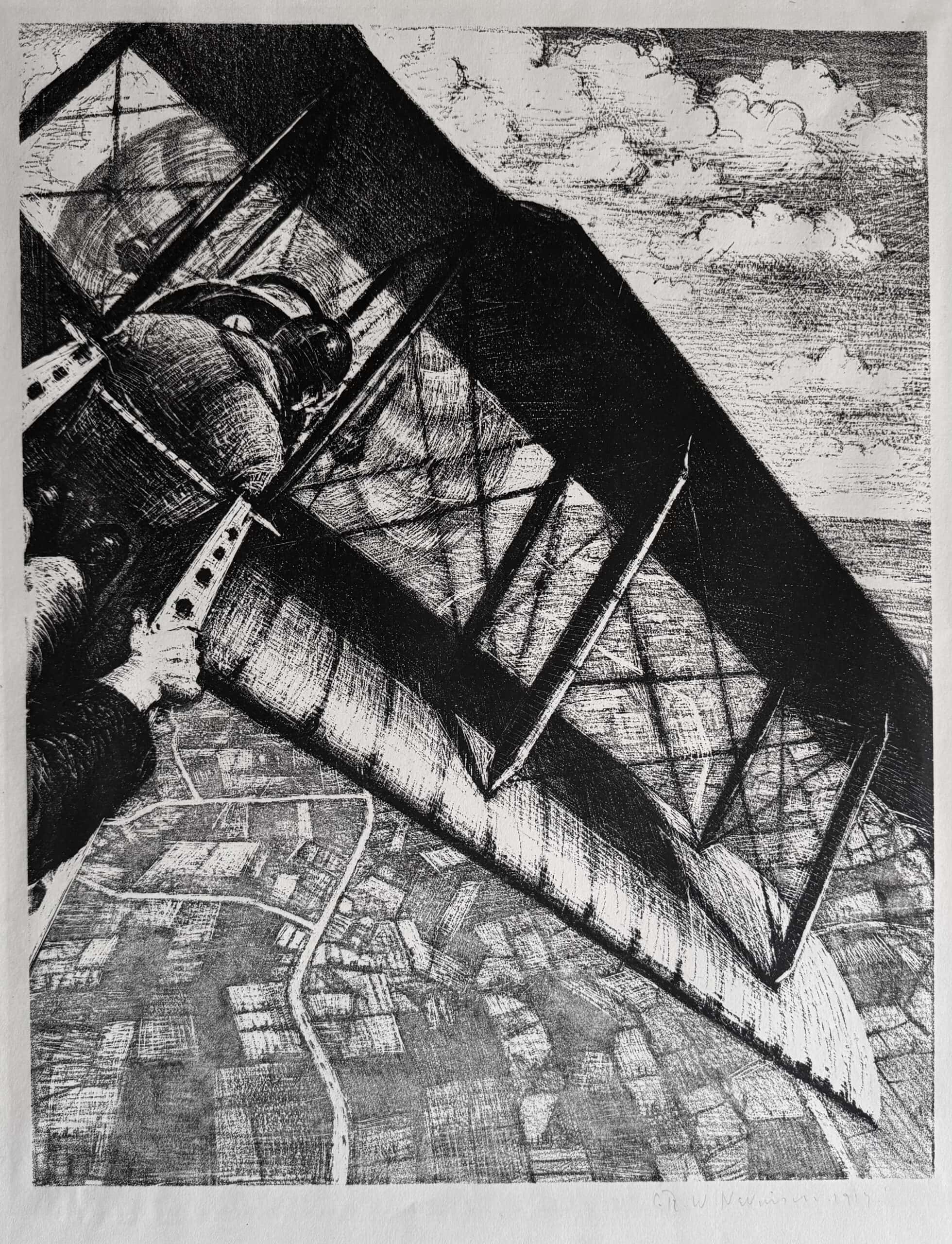 Image of Christopher Nevinson's "Banking at 4,000 feet" lithograph, which depicts a plane in flight.