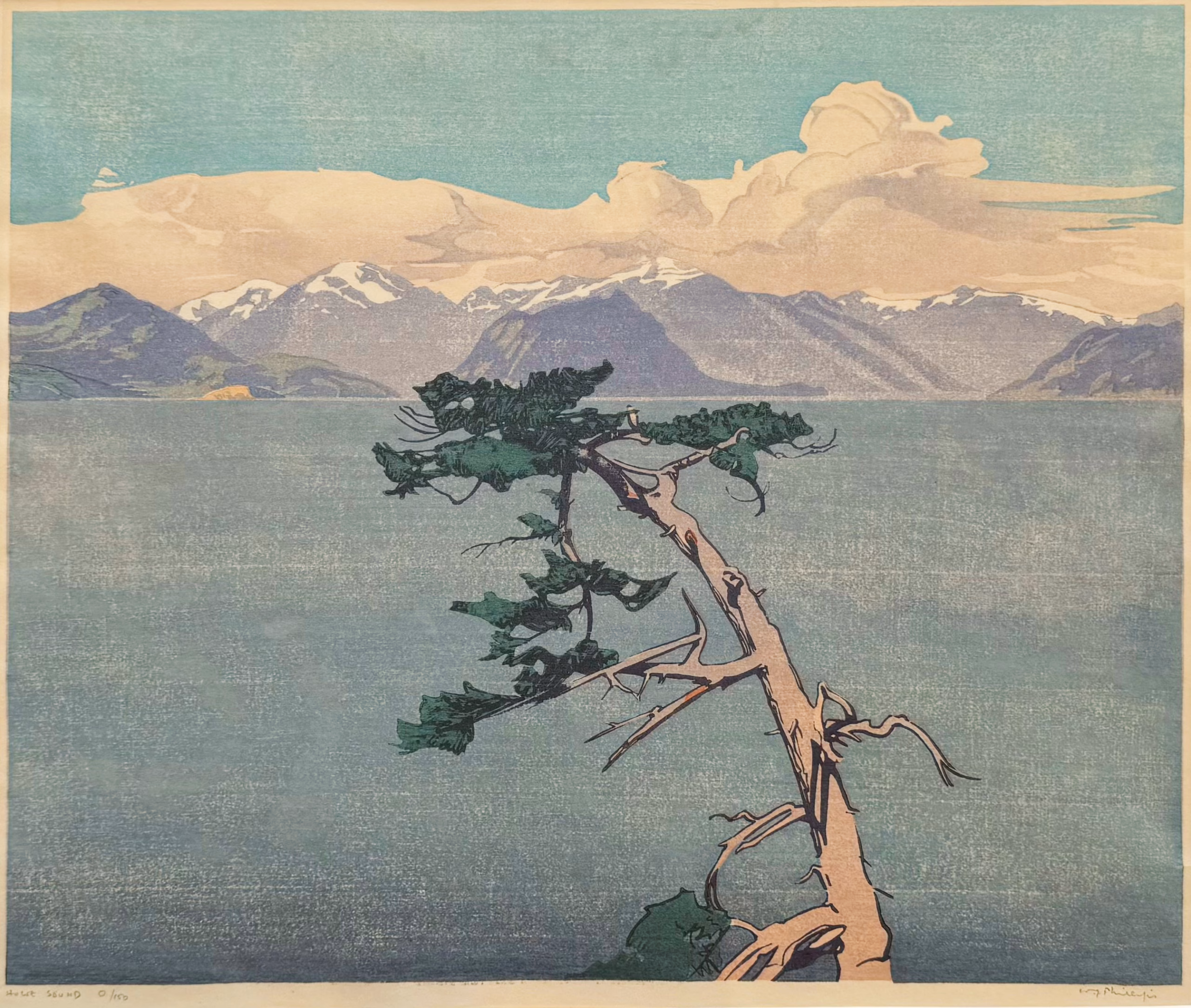 Color woodcut by Walter J. Phillips depicting Howe Sound in British Columbia.
