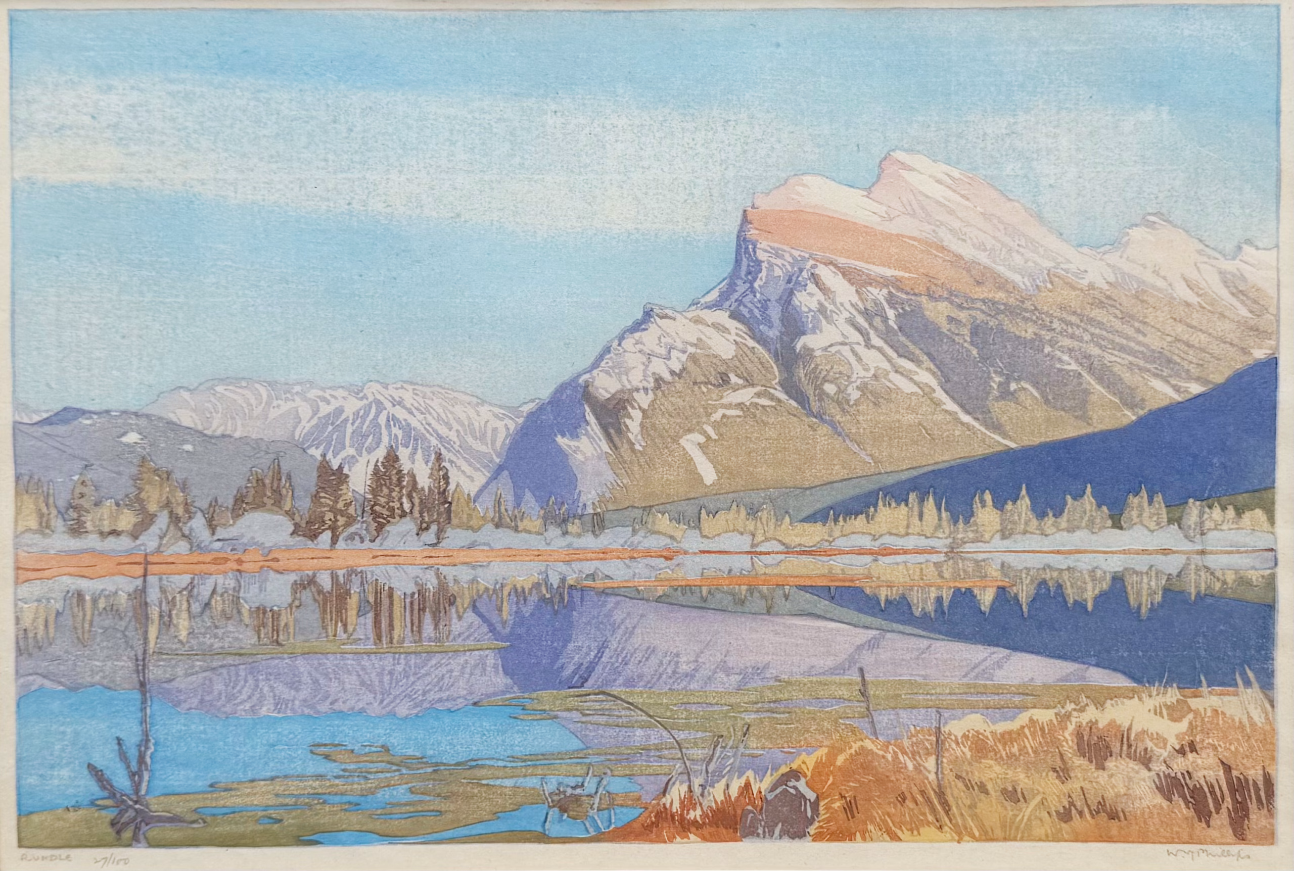 Color woodcut by artist Walter J. Phillips, depicting Mount Rundle in Canada.
