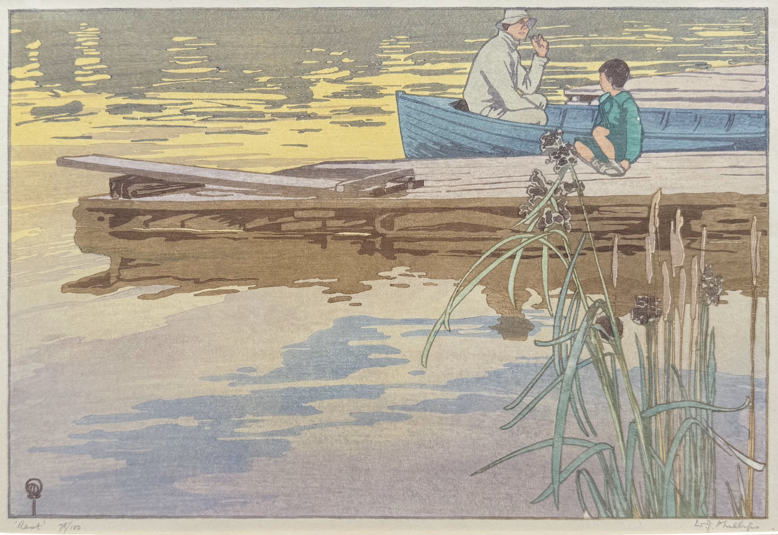 Color woodcut by Canadian artist Walter J. Phillips, featuring a man on his boat by a dock. There is a boy on the dock and weeds visible in and around the lake with the reflection of a setting sun on the water.