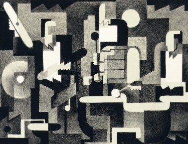 Lithograph in two colors, pale green and black, on wove paper by artist Benton Spruance, He has titled this "Arrangement for Drums" and the image features abstract shapes which vaguely come together to evoke a band of percussionists.