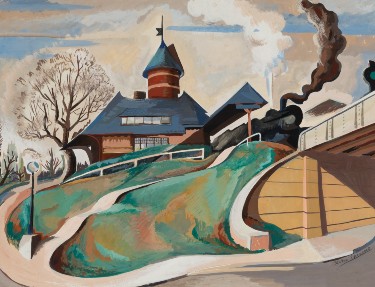 Gouache painting on thick wove paper by artist Benton Spruance, titled "Late Departure." The image features a train with billowing smoke atop a green hill. The train is seated before a train station. A tree without leaves is also visible.