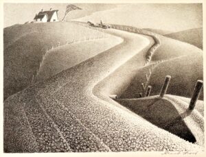 Image of original signed lithograph by artist Grant Wood. This lithograph is titled "March" and depicts a field with visible fence and home and tree.