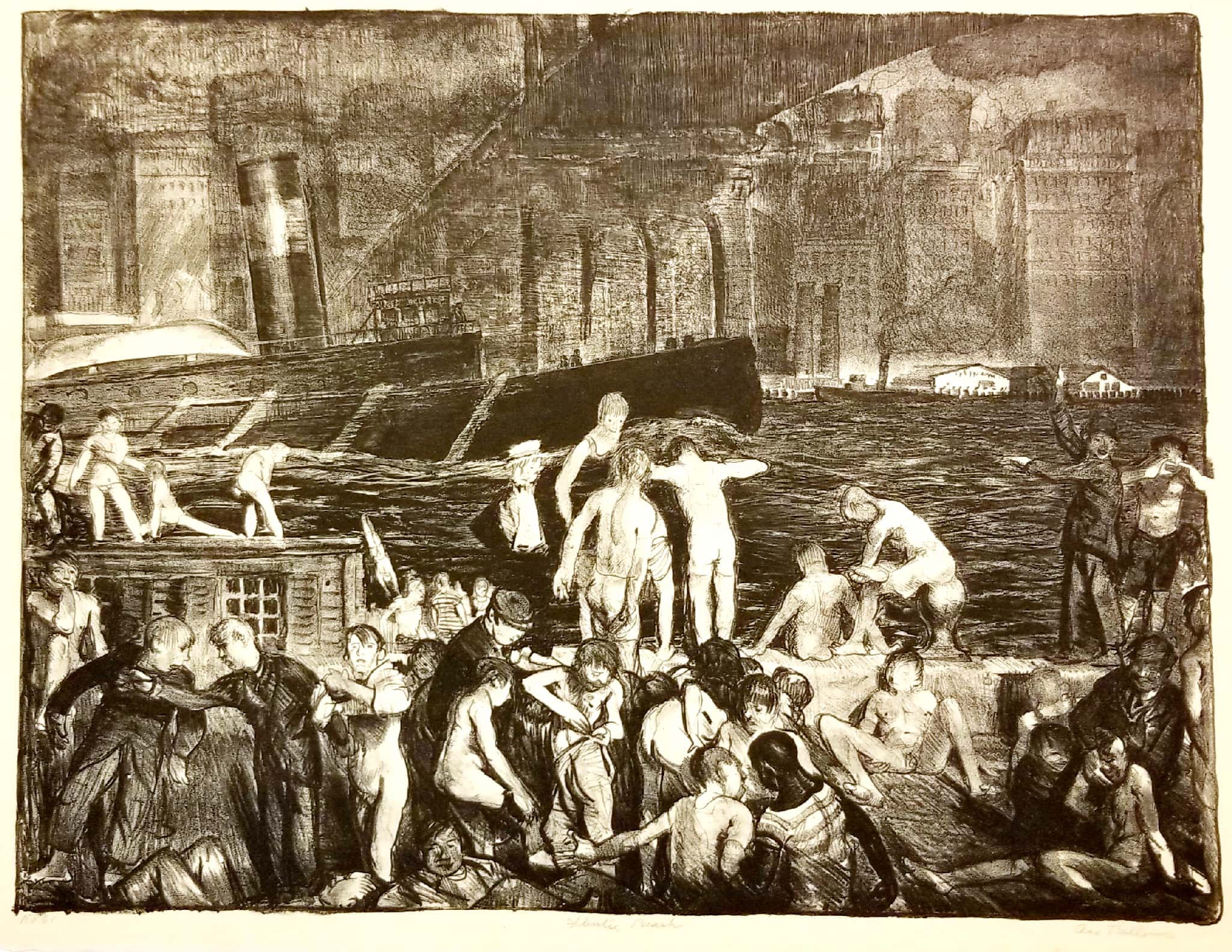 George Bellows' lithograph on cream paper and depicts young naked boys cavorting at a local swim spot along the East River under the Brooklyn Bridge. Boys gather in the foreground. The artist also included a dense and dreary cityscape in the background.