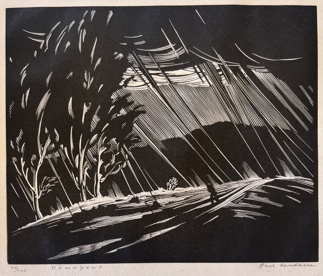 Image of wood engraving by Paul Landacre entitled "Downpour," which illustrates a rainstorm over a tree-lined landscape.