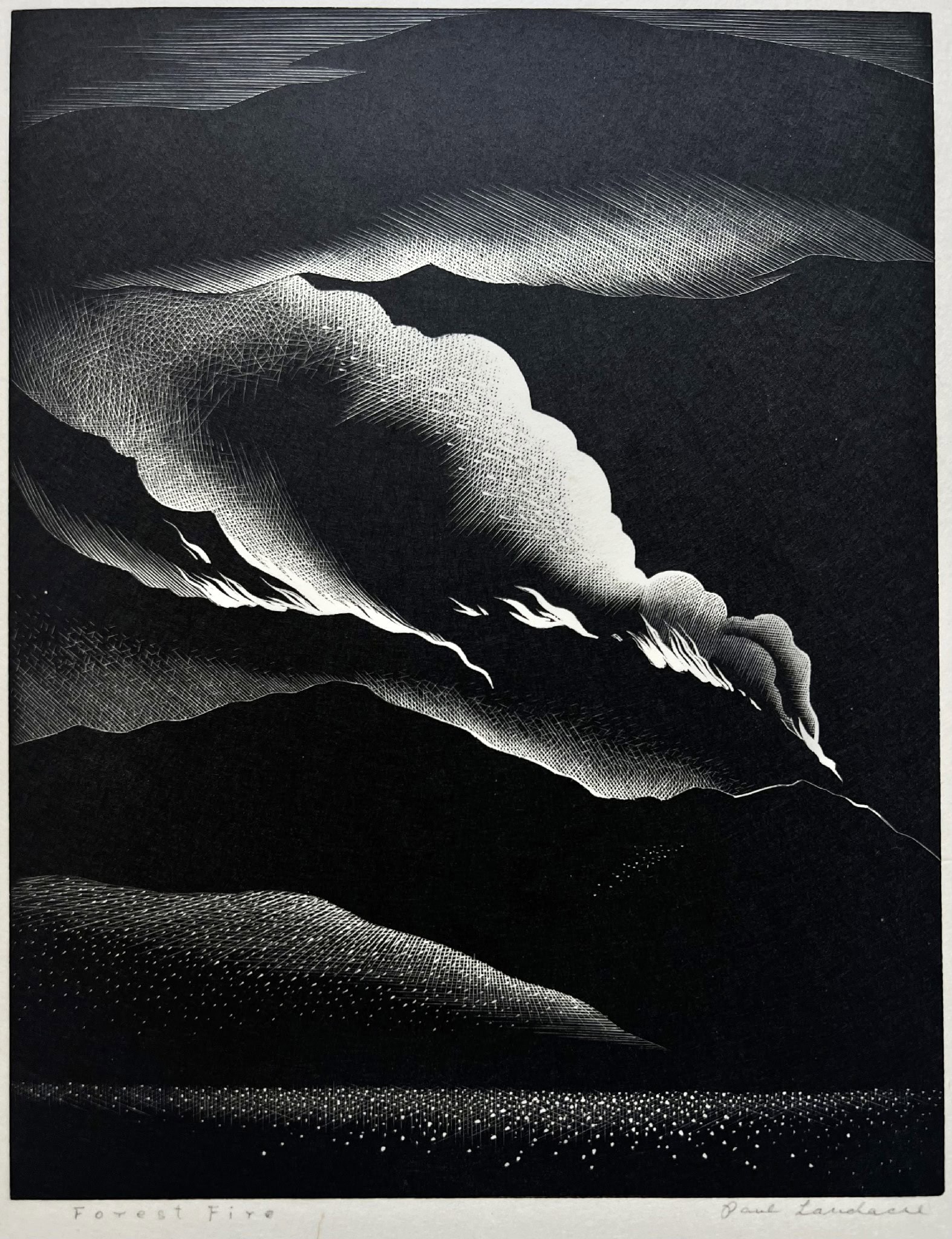 Image of wood engraving by Paul Landacre entitled "Forest Fire." The scene depicts a fire blazing in the California hills.