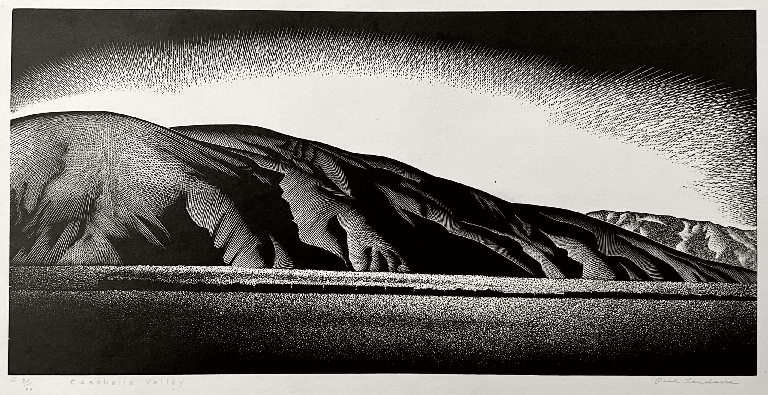 Black and white lithograph image of train rolling through Coachella Valley landscape of California. Rugged mountains serve as the backdrop as we see a small puff of smoke escape the train engine.