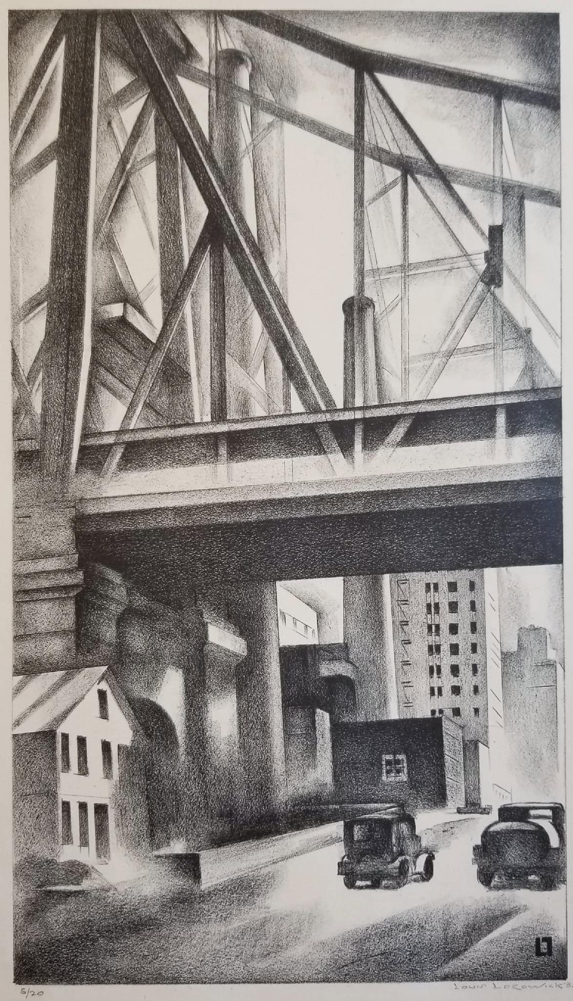 Original Lozowick original lithograph, Under the Bridge, for sale