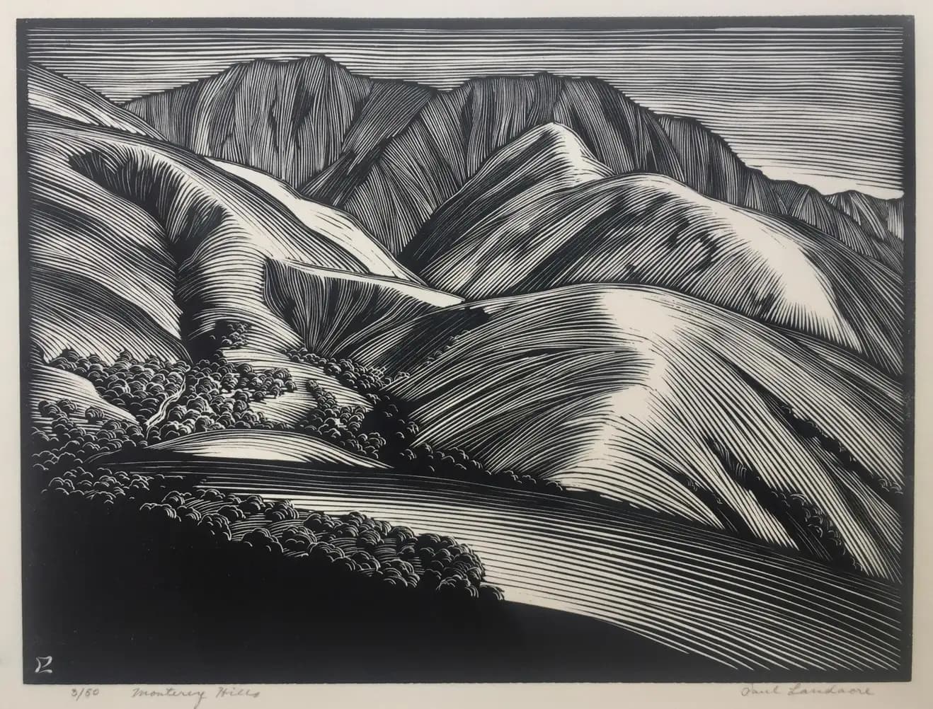 High resolution photograph of a wood engraving by woodworker artist Paul Landacre, illustrating the undulating hills of Monterey, California.